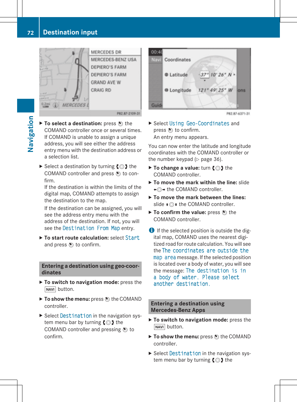 Navi gati on, Destination input | Mercedes-Benz CLS-Class 2014 COMAND Manual User Manual | Page 74 / 270