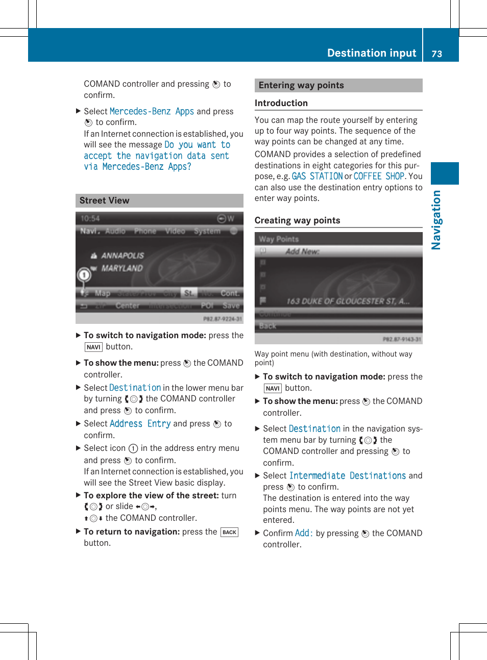 Navi ga tio n, Destination input | Mercedes-Benz CLS-Class 2014 COMAND Manual User Manual | Page 75 / 270
