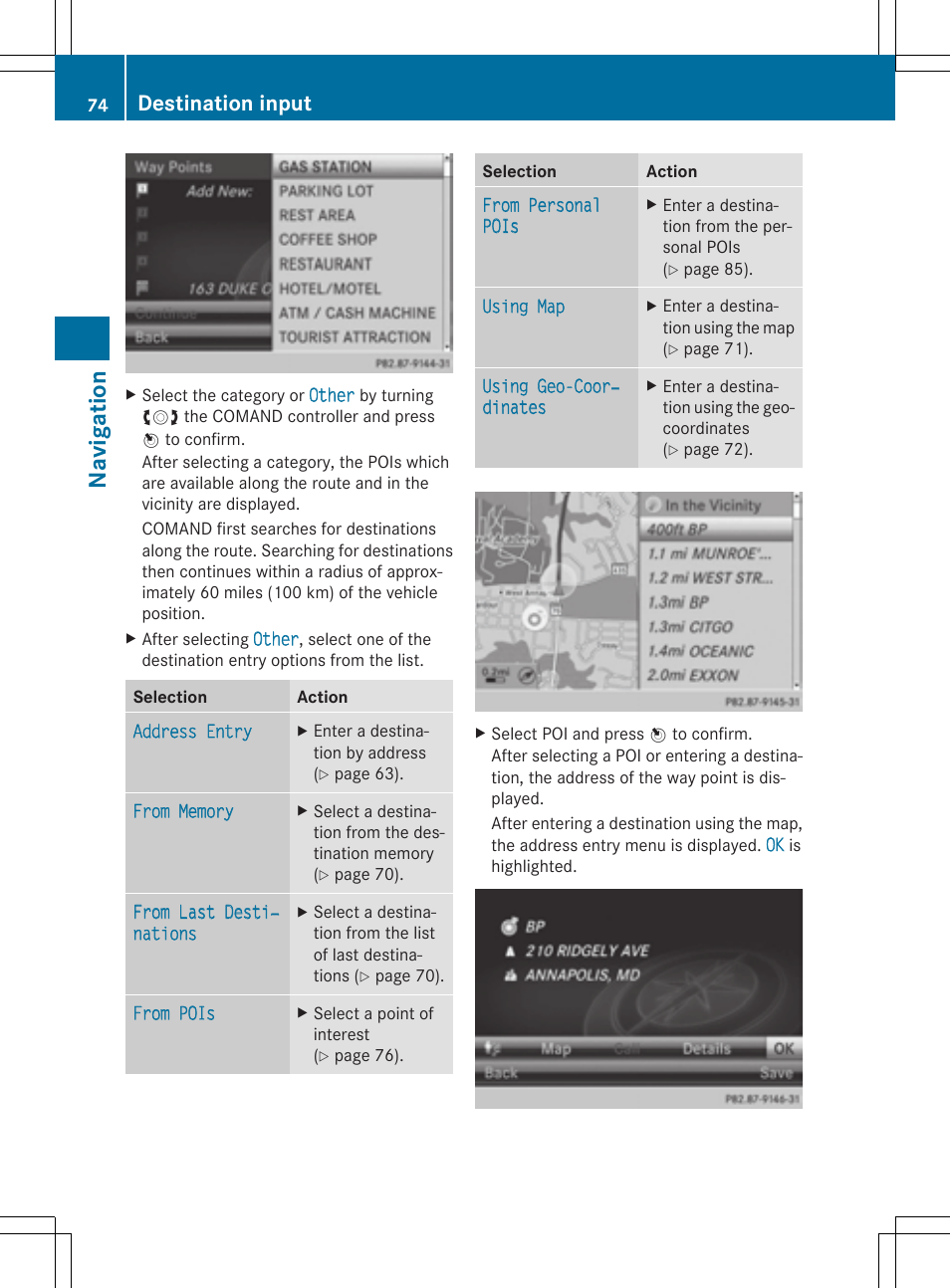 Navig atio n, Destination input | Mercedes-Benz CLS-Class 2014 COMAND Manual User Manual | Page 76 / 270