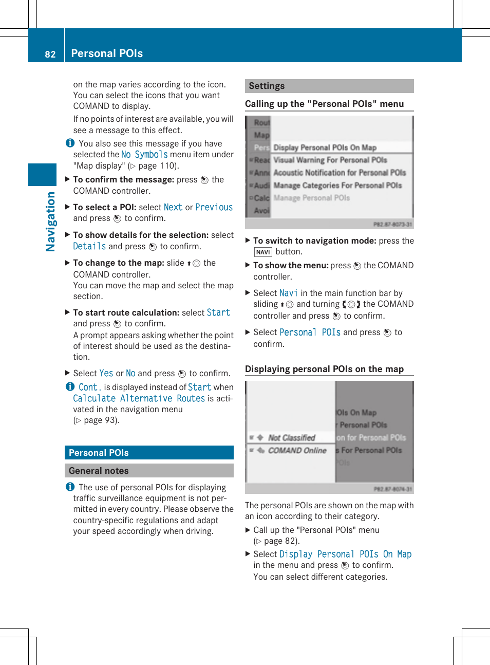 Navigation, Personal pois | Mercedes-Benz CLS-Class 2014 COMAND Manual User Manual | Page 84 / 270