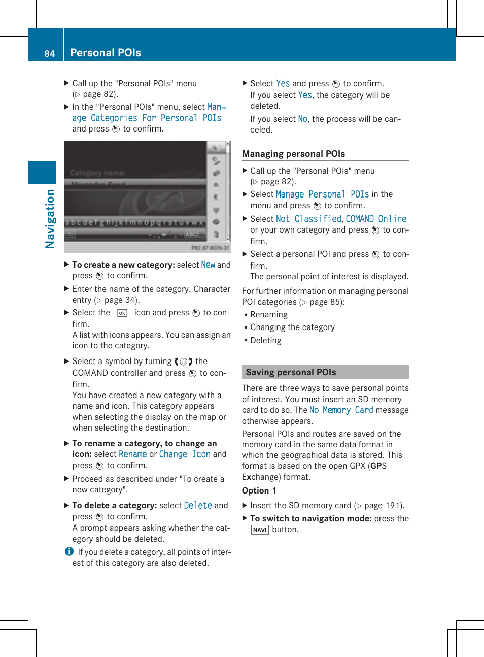 Navi ga tio n, Personal pois | Mercedes-Benz CLS-Class 2014 COMAND Manual User Manual | Page 86 / 270