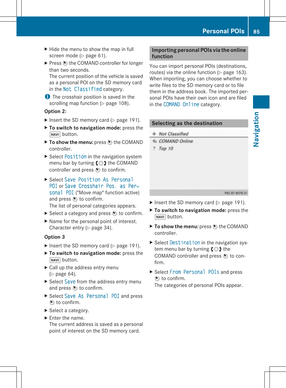 Navig atio n, Personal pois | Mercedes-Benz CLS-Class 2014 COMAND Manual User Manual | Page 87 / 270