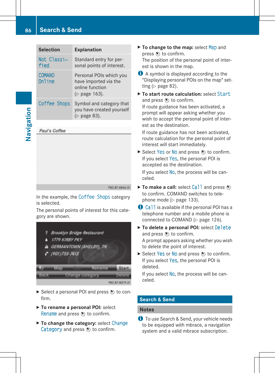 Navigation, Search & send | Mercedes-Benz CLS-Class 2014 COMAND Manual User Manual | Page 88 / 270
