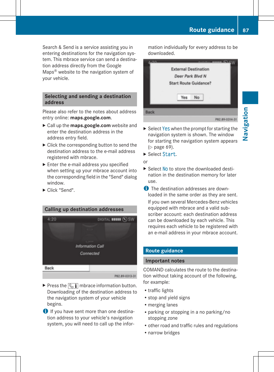Navig atio n, Route guidance | Mercedes-Benz CLS-Class 2014 COMAND Manual User Manual | Page 89 / 270