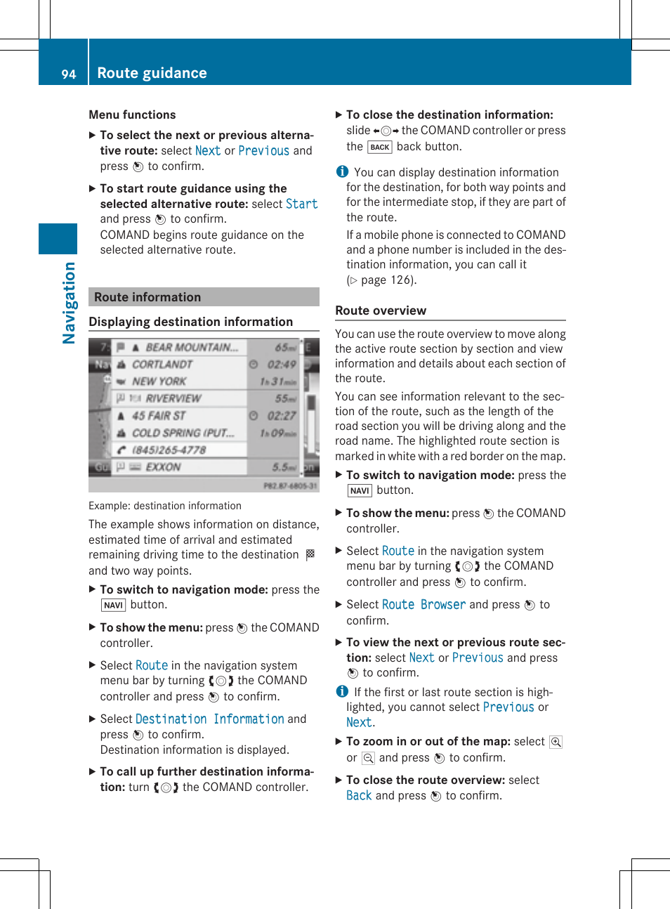 Navigatio n, Route guidance | Mercedes-Benz CLS-Class 2014 COMAND Manual User Manual | Page 96 / 270