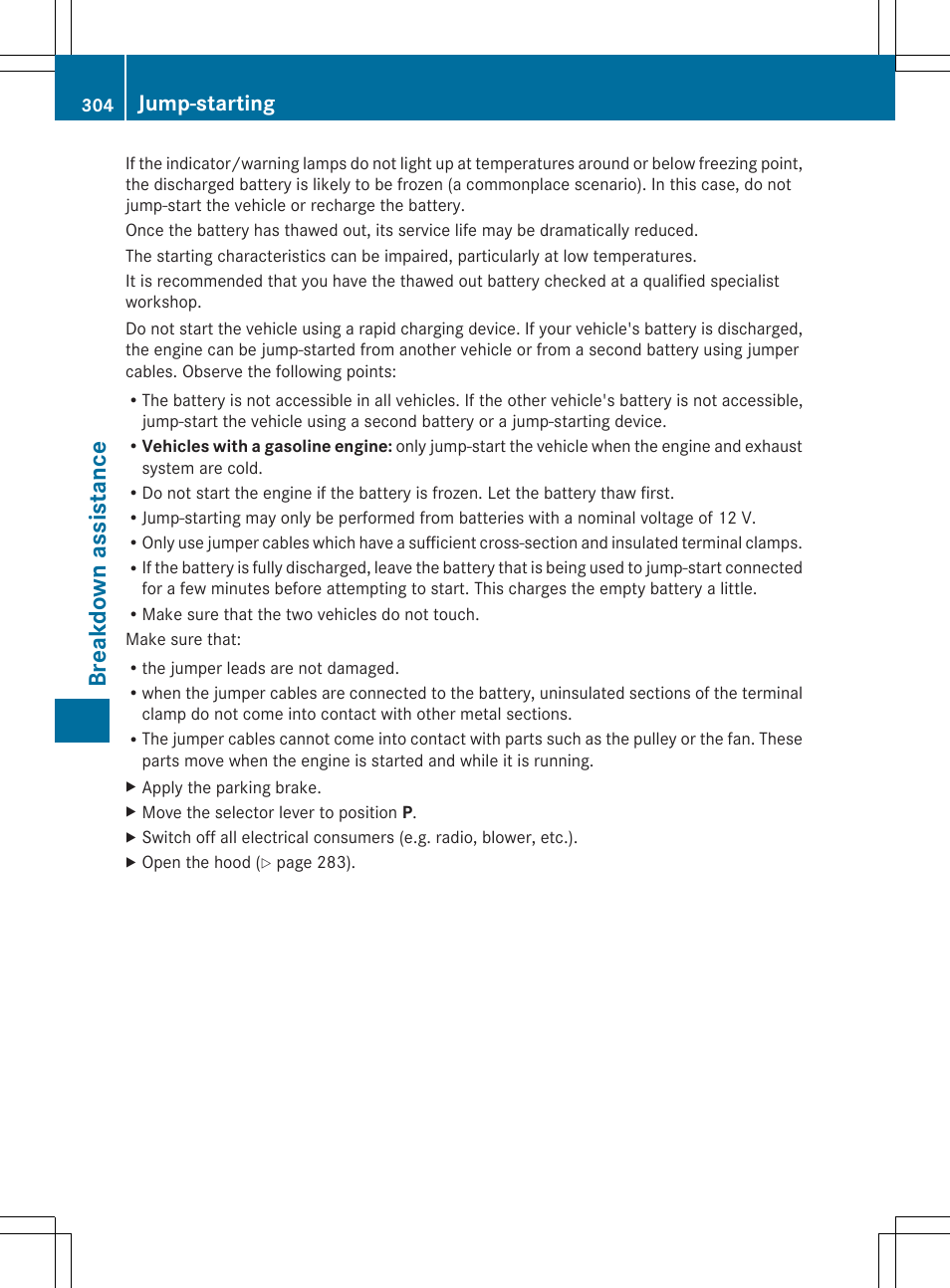 Breakdown assistance, Jump-starting | Mercedes-Benz G-Class 2014 Owners Manual User Manual | Page 306 / 354