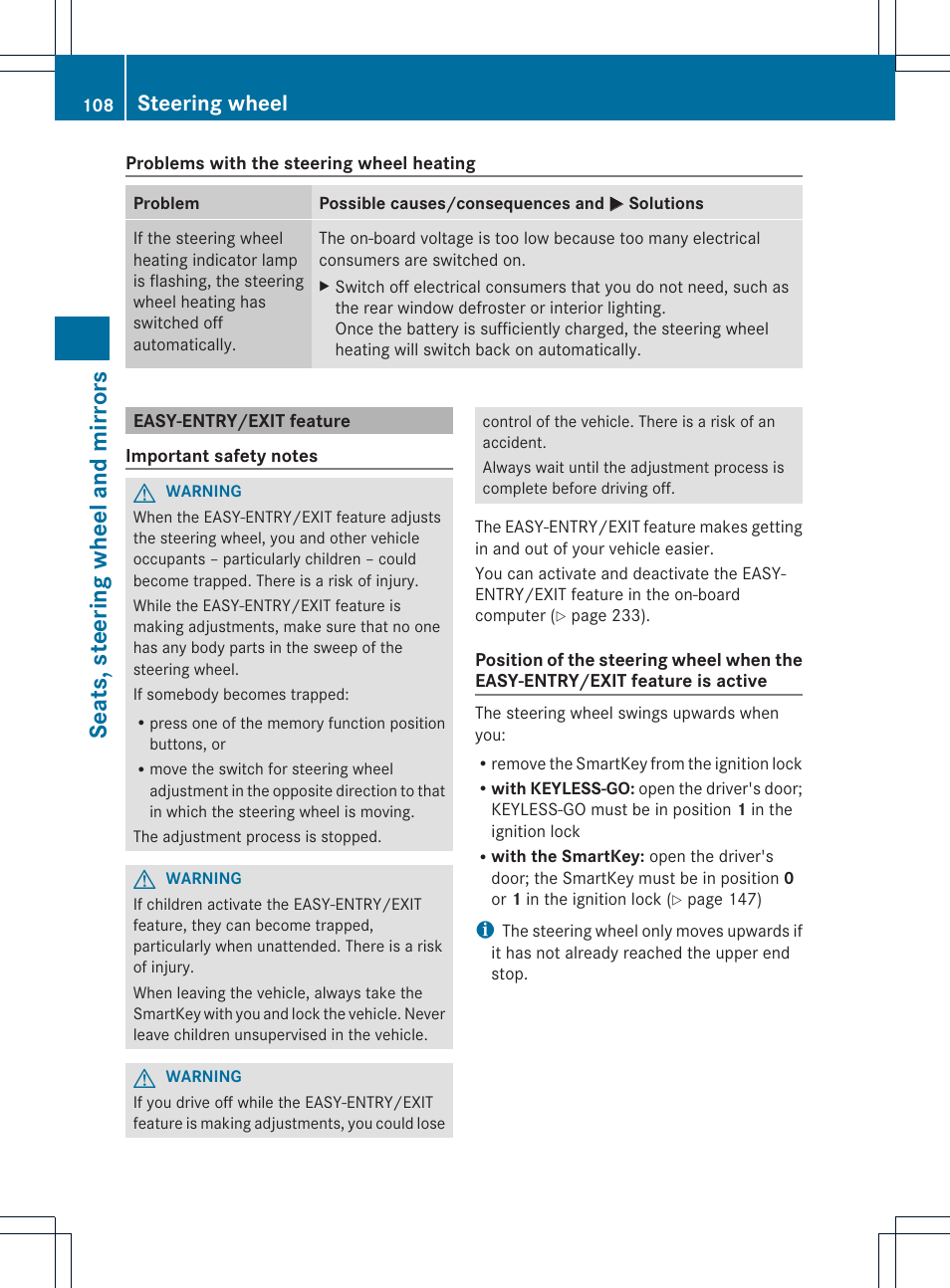 Seats, steering wheel and mirrors, Steering wheel | Mercedes-Benz CLS-Class 2014 Owners Manual User Manual | Page 110 / 382