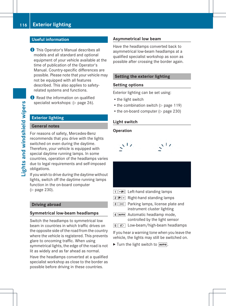 Light sa nd windsh ield wiper s, Exterior lighting | Mercedes-Benz CLS-Class 2014 Owners Manual User Manual | Page 118 / 382