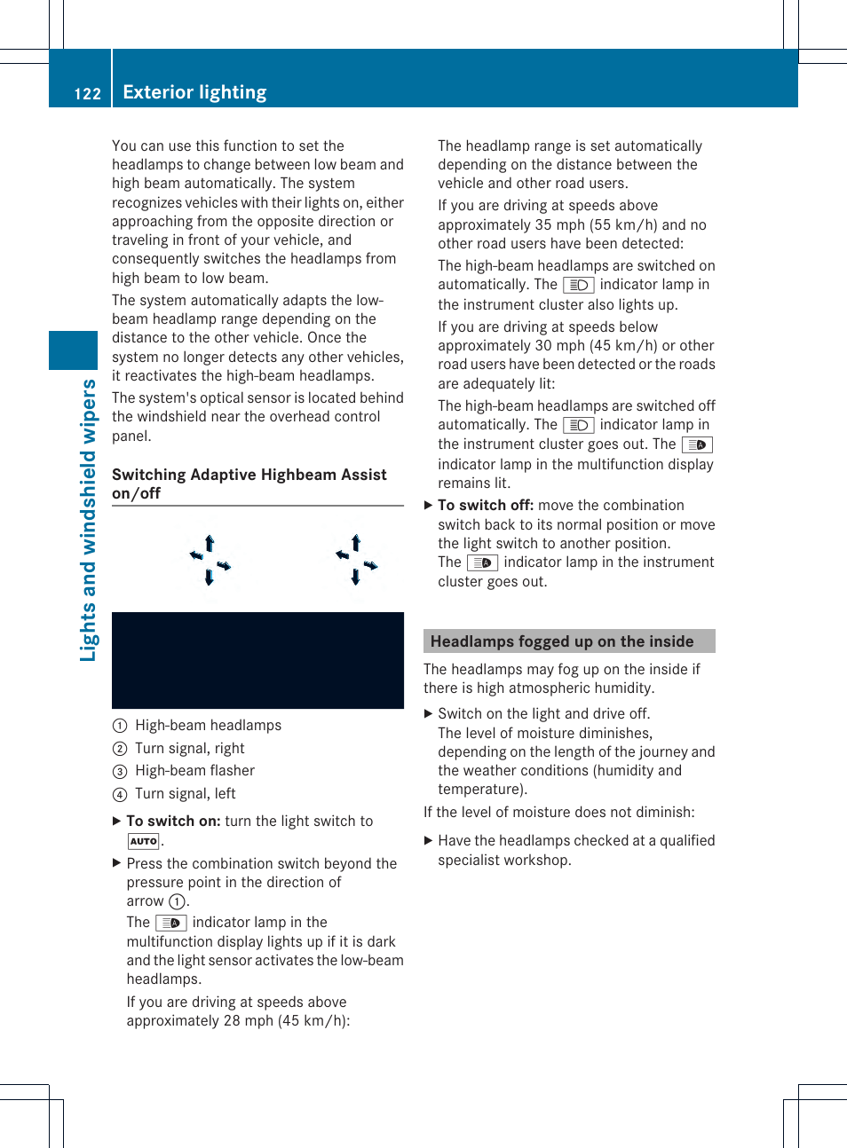 Lights and windshield wiper s, Exterior lighting | Mercedes-Benz CLS-Class 2014 Owners Manual User Manual | Page 124 / 382
