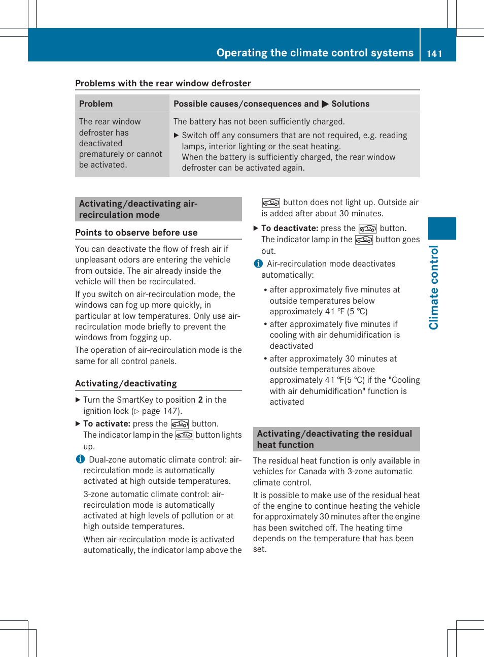 Climat ec ontrol, Operating the climate control systems | Mercedes-Benz CLS-Class 2014 Owners Manual User Manual | Page 143 / 382