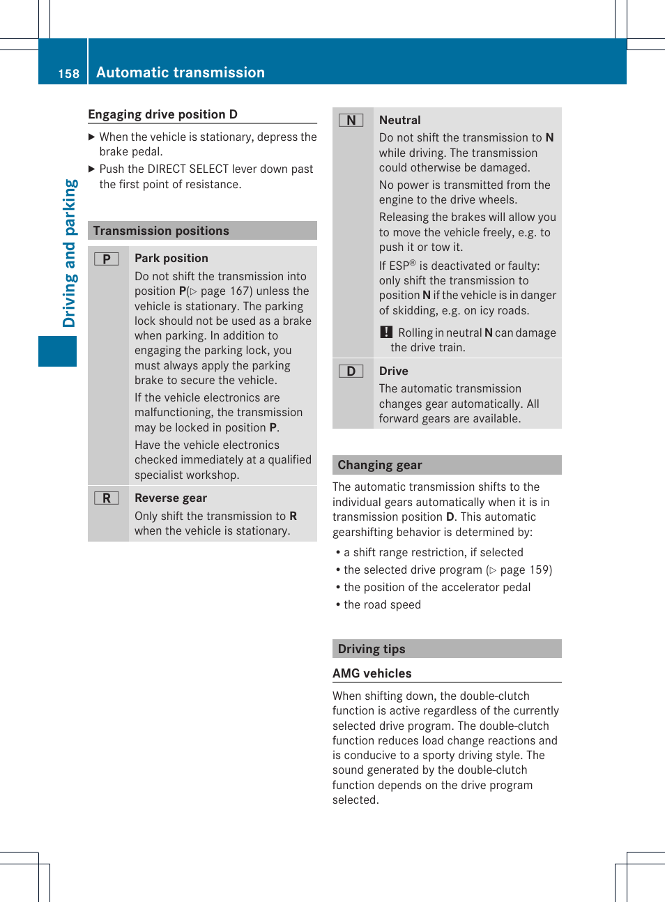 Driving and parking, Automatic transmission | Mercedes-Benz CLS-Class 2014 Owners Manual User Manual | Page 160 / 382