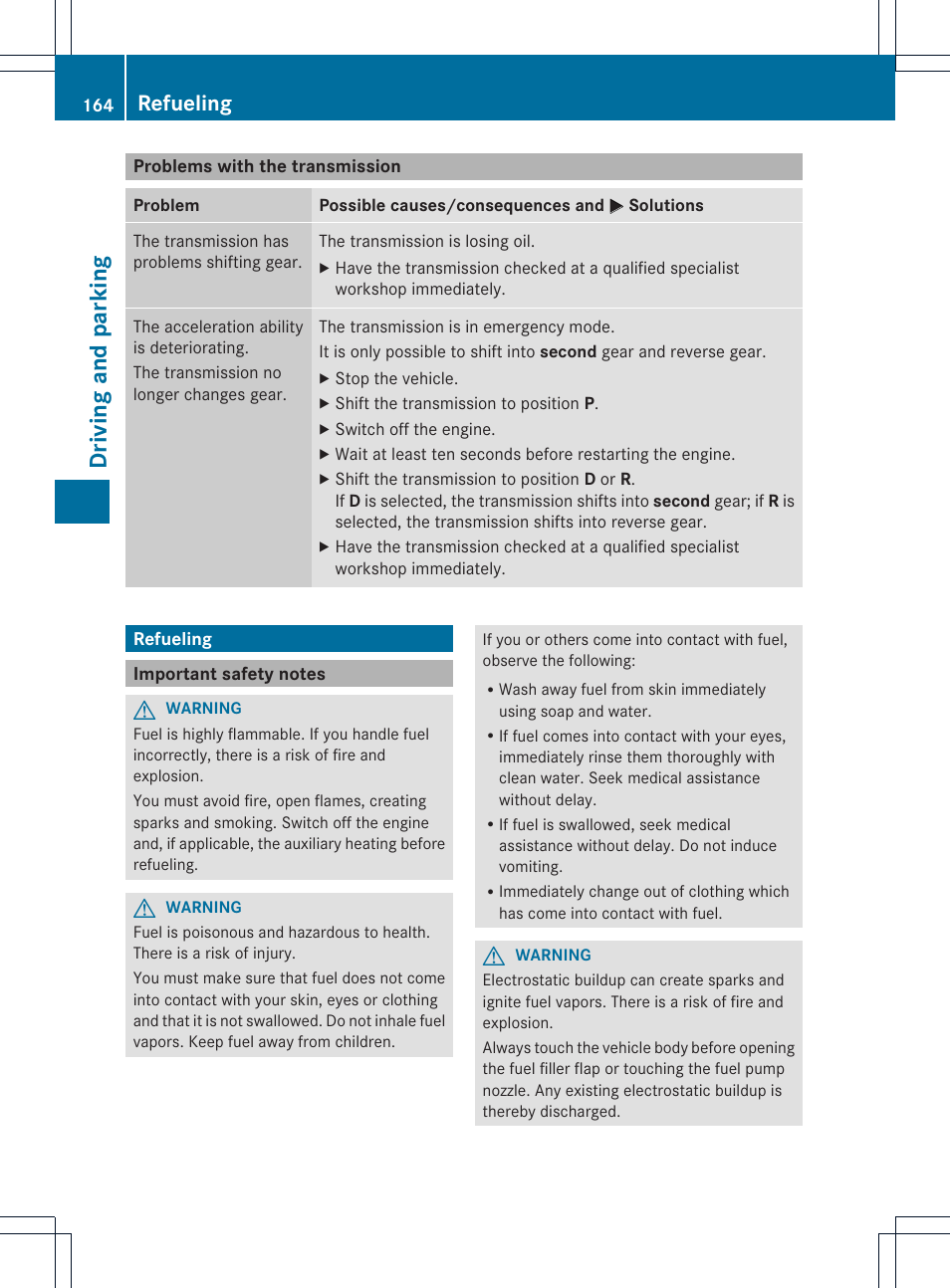 Driving and parking, Refueling | Mercedes-Benz CLS-Class 2014 Owners Manual User Manual | Page 166 / 382