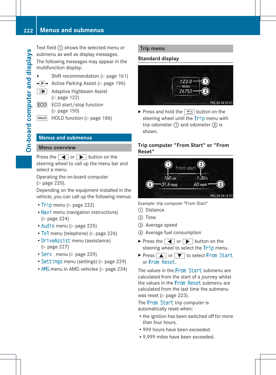 On-board computer and display s, Menus and submenus | Mercedes-Benz CLS-Class 2014 Owners Manual User Manual | Page 224 / 382
