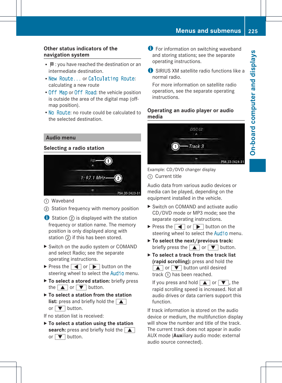 On-board computer and displays, Menus and submenus | Mercedes-Benz CLS-Class 2014 Owners Manual User Manual | Page 227 / 382