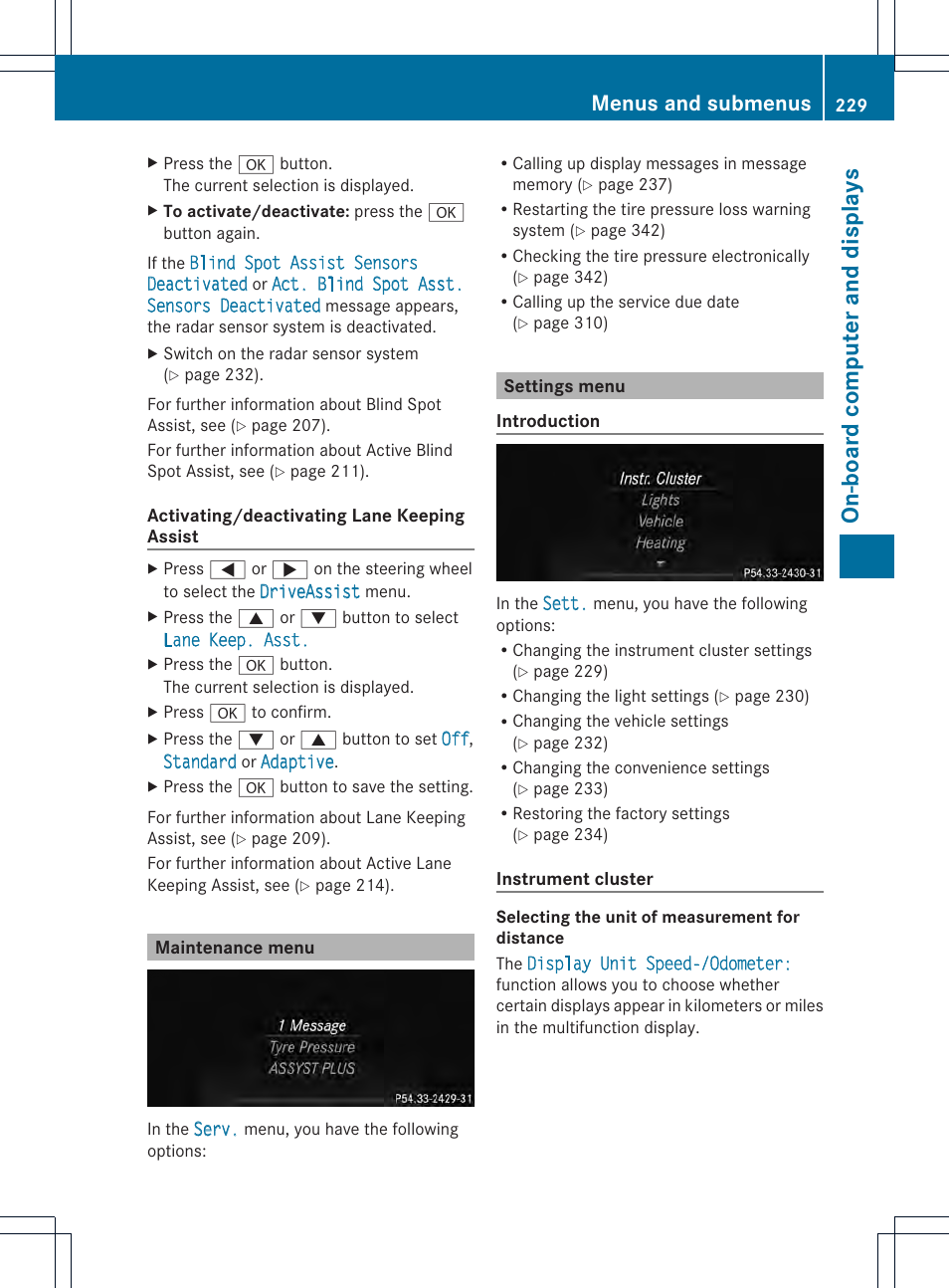 On-boar dc omputer and displa ys, Menus and submenus | Mercedes-Benz CLS-Class 2014 Owners Manual User Manual | Page 231 / 382