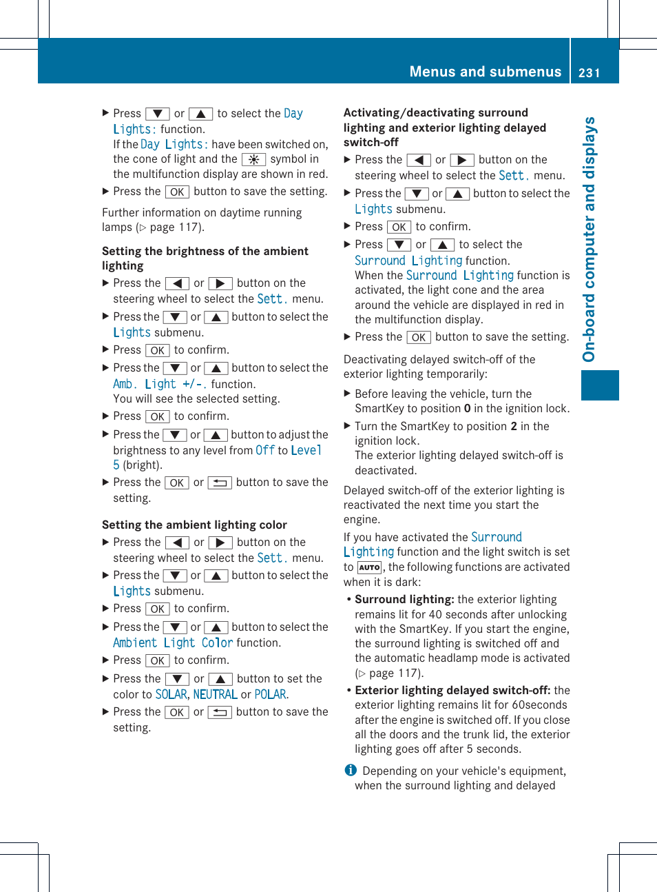 On-boar dc omputer and displa ys, Menus and submenus | Mercedes-Benz CLS-Class 2014 Owners Manual User Manual | Page 233 / 382