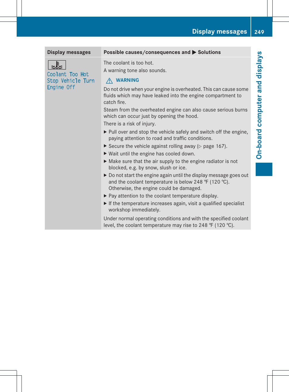 On-board computer and displays, Display messages | Mercedes-Benz CLS-Class 2014 Owners Manual User Manual | Page 251 / 382