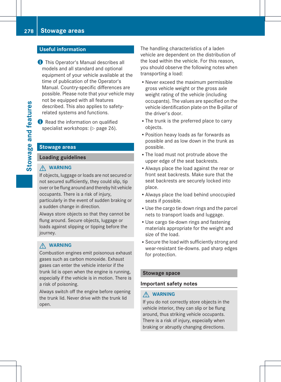 Stowage and features, Stowage areas | Mercedes-Benz CLS-Class 2014 Owners Manual User Manual | Page 280 / 382