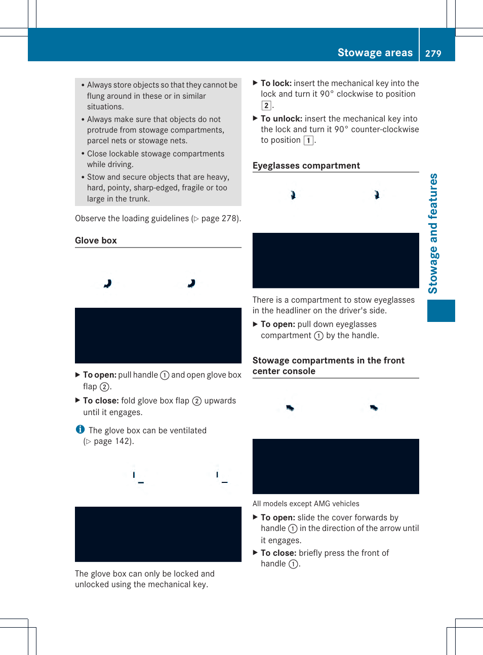 Stowage and features, Stowage areas | Mercedes-Benz CLS-Class 2014 Owners Manual User Manual | Page 281 / 382