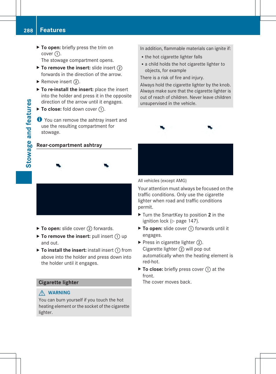 Stowage and features, Features | Mercedes-Benz CLS-Class 2014 Owners Manual User Manual | Page 290 / 382