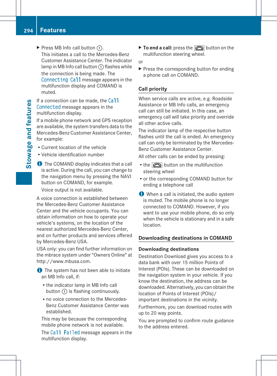 Stowage and features, Features | Mercedes-Benz CLS-Class 2014 Owners Manual User Manual | Page 296 / 382