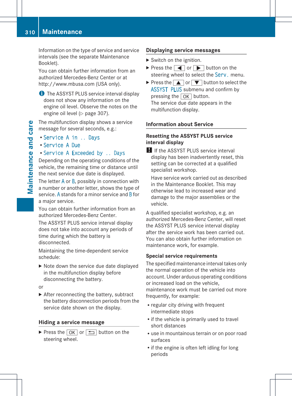 Maint enance and care, Maintenance | Mercedes-Benz CLS-Class 2014 Owners Manual User Manual | Page 312 / 382