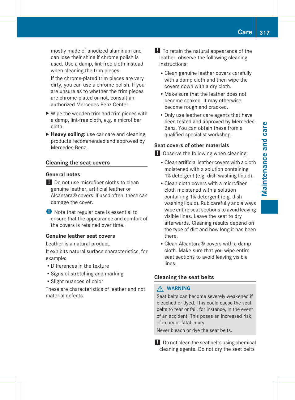Maintenance and care, Care | Mercedes-Benz CLS-Class 2014 Owners Manual User Manual | Page 319 / 382