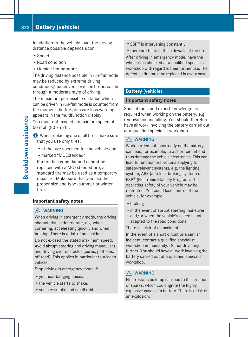 Br eak down ass ist ance, Battery (vehicle) | Mercedes-Benz CLS-Class 2014 Owners Manual User Manual | Page 324 / 382