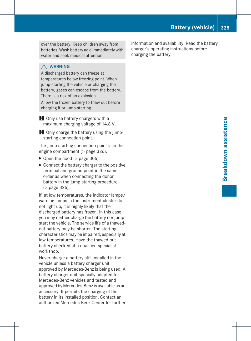 Breakdown assistance, Battery (vehicle) | Mercedes-Benz CLS-Class 2014 Owners Manual User Manual | Page 327 / 382