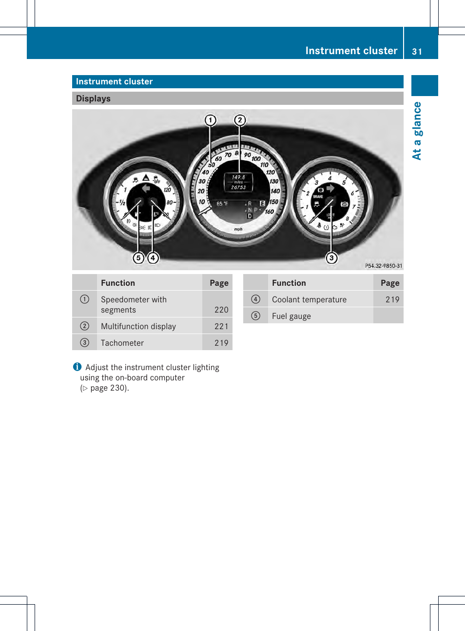 At ag lance, Instrument cluster | Mercedes-Benz CLS-Class 2014 Owners Manual User Manual | Page 33 / 382
