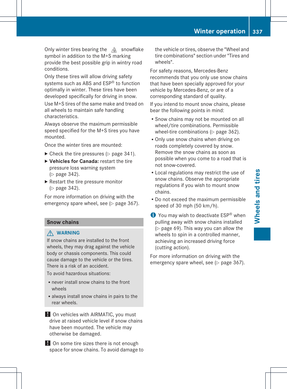 Wheels and tires, Winter operation | Mercedes-Benz CLS-Class 2014 Owners Manual User Manual | Page 339 / 382