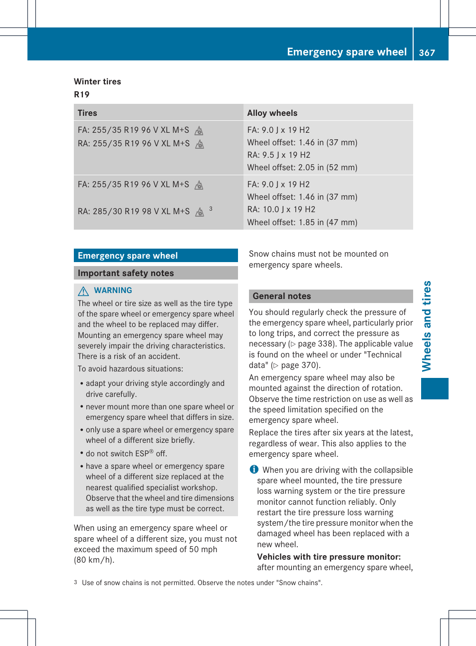 Wheels and tires, Emergency spare wheel | Mercedes-Benz CLS-Class 2014 Owners Manual User Manual | Page 369 / 382