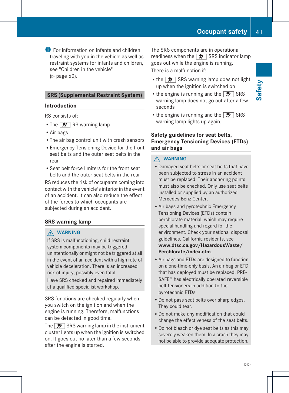 Safety, Occupant safety | Mercedes-Benz CLS-Class 2014 Owners Manual User Manual | Page 43 / 382