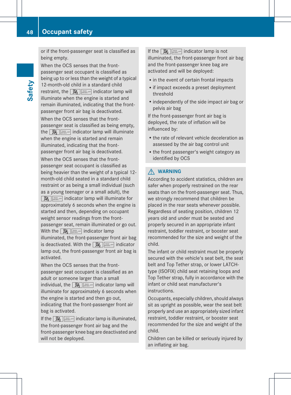 Safety, Occupant safety | Mercedes-Benz CLS-Class 2014 Owners Manual User Manual | Page 50 / 382