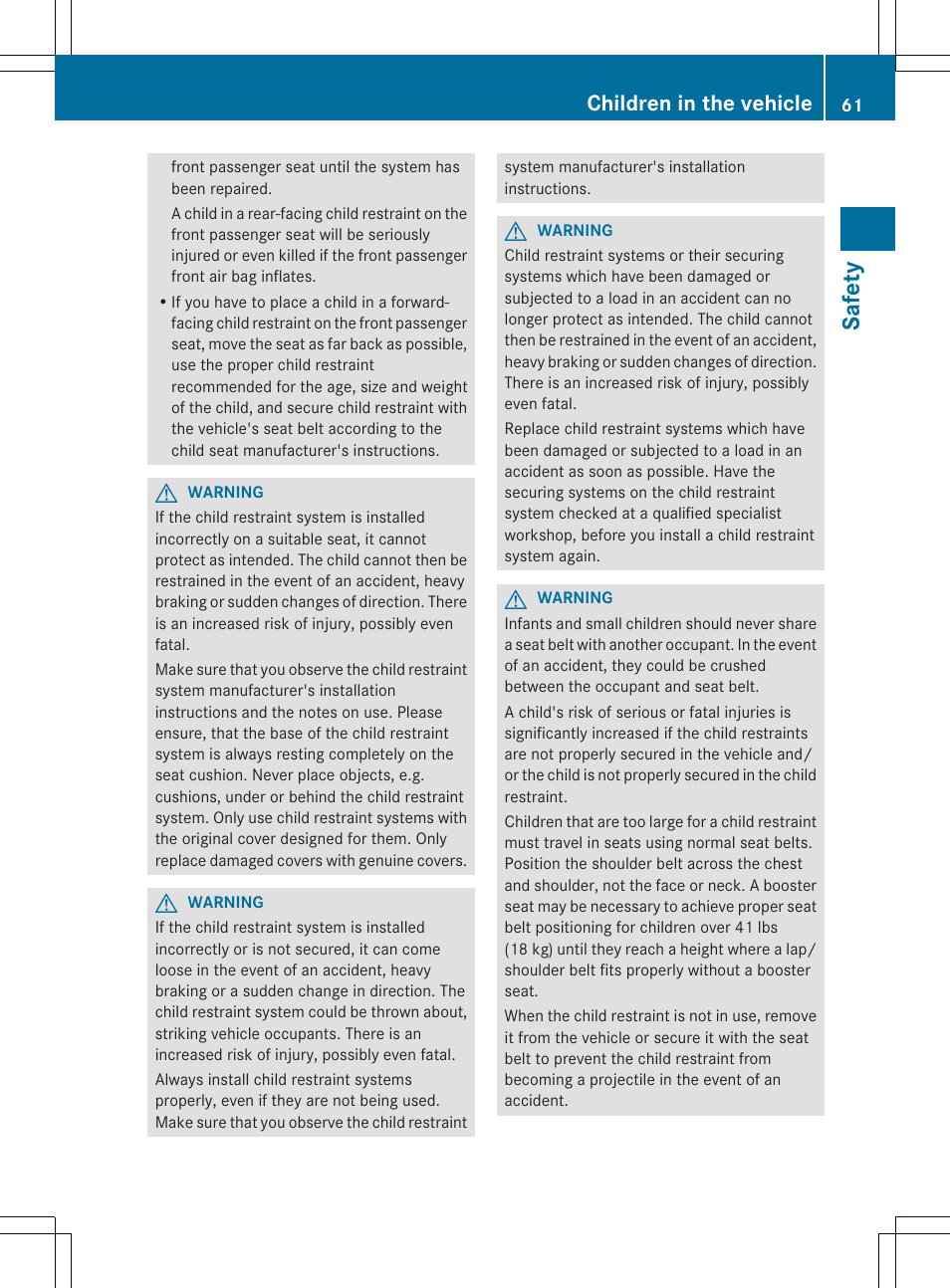 Safety, Children in the vehicle | Mercedes-Benz CLS-Class 2014 Owners Manual User Manual | Page 63 / 382