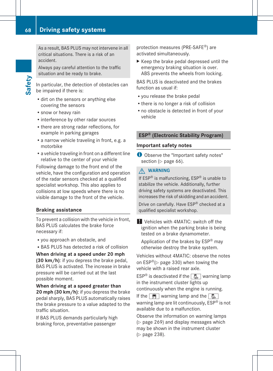 Safety, Driving safety systems | Mercedes-Benz CLS-Class 2014 Owners Manual User Manual | Page 70 / 382