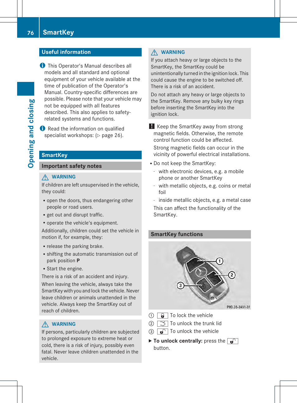Opening and closing, Smartkey | Mercedes-Benz CLS-Class 2014 Owners Manual User Manual | Page 78 / 382