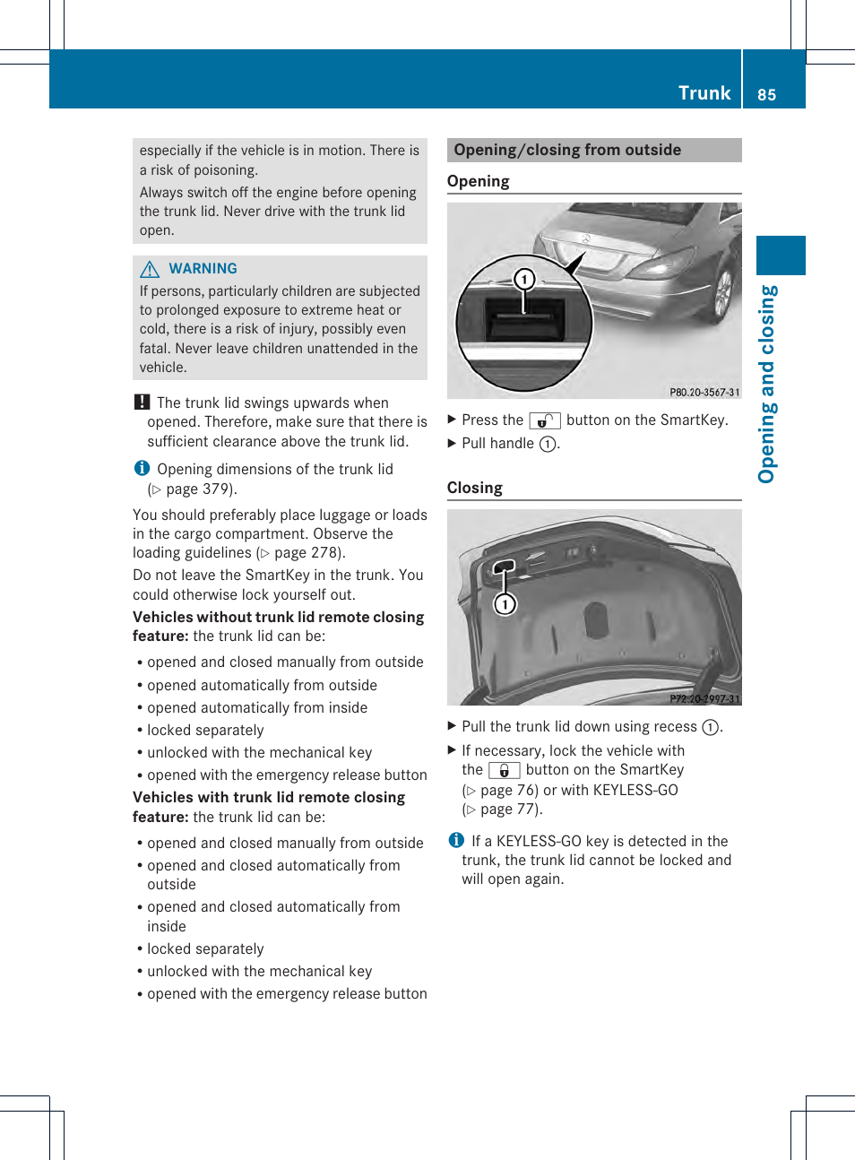 Opening and closing, Trunk | Mercedes-Benz CLS-Class 2014 Owners Manual User Manual | Page 87 / 382