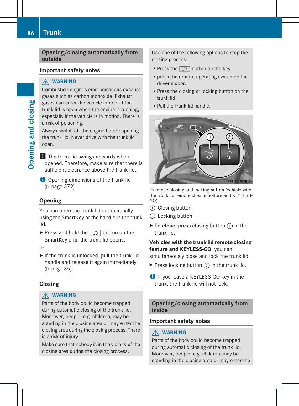 Opening and closing, Trunk | Mercedes-Benz CLS-Class 2014 Owners Manual User Manual | Page 88 / 382