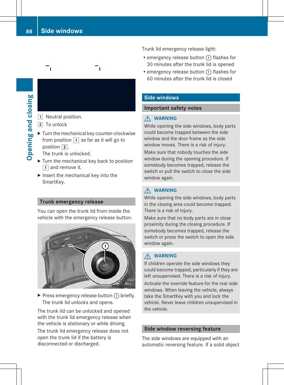 Opening and closing, Side windows | Mercedes-Benz CLS-Class 2014 Owners Manual User Manual | Page 90 / 382