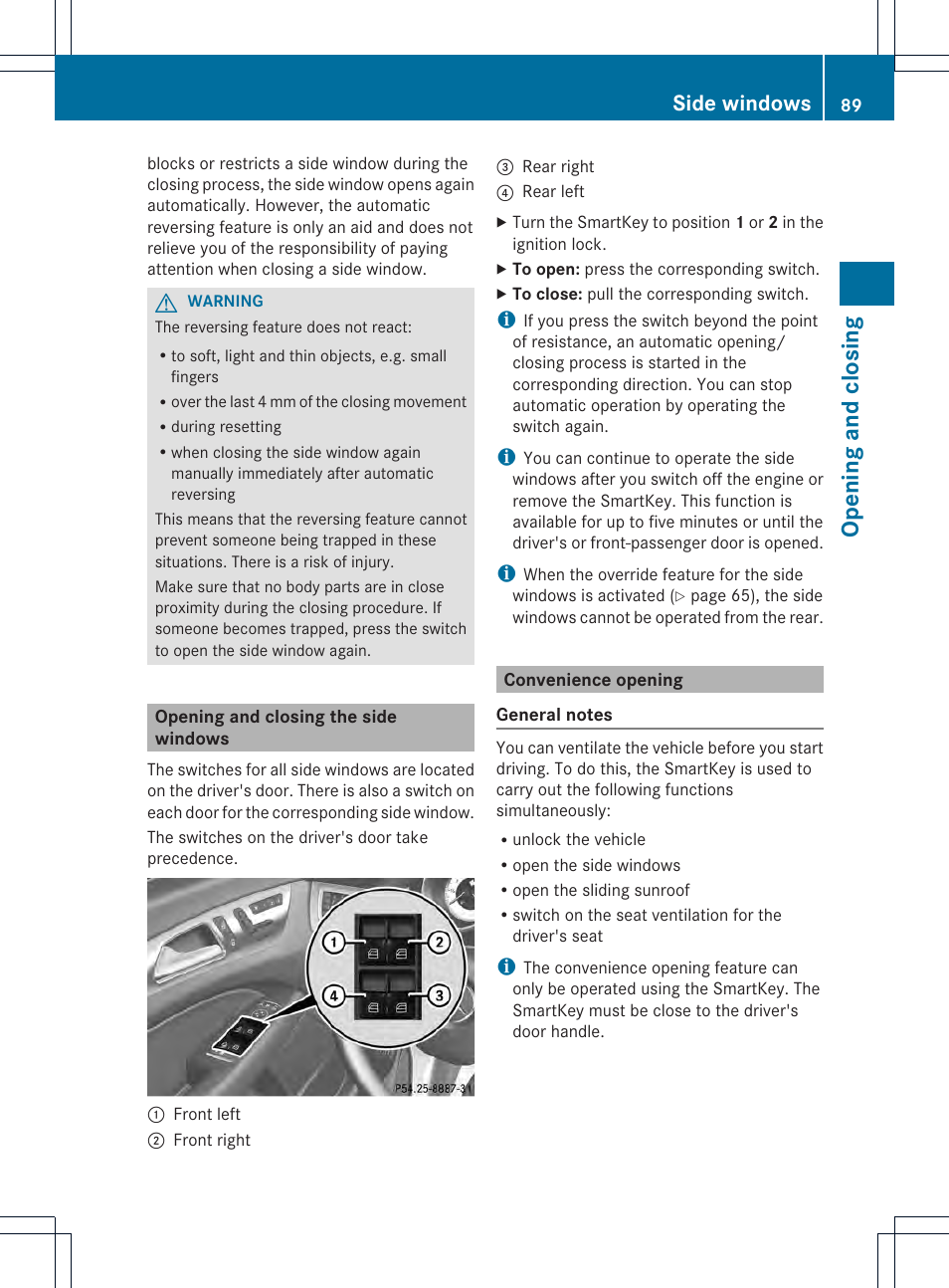 Opening and closing, Side windows | Mercedes-Benz CLS-Class 2014 Owners Manual User Manual | Page 91 / 382