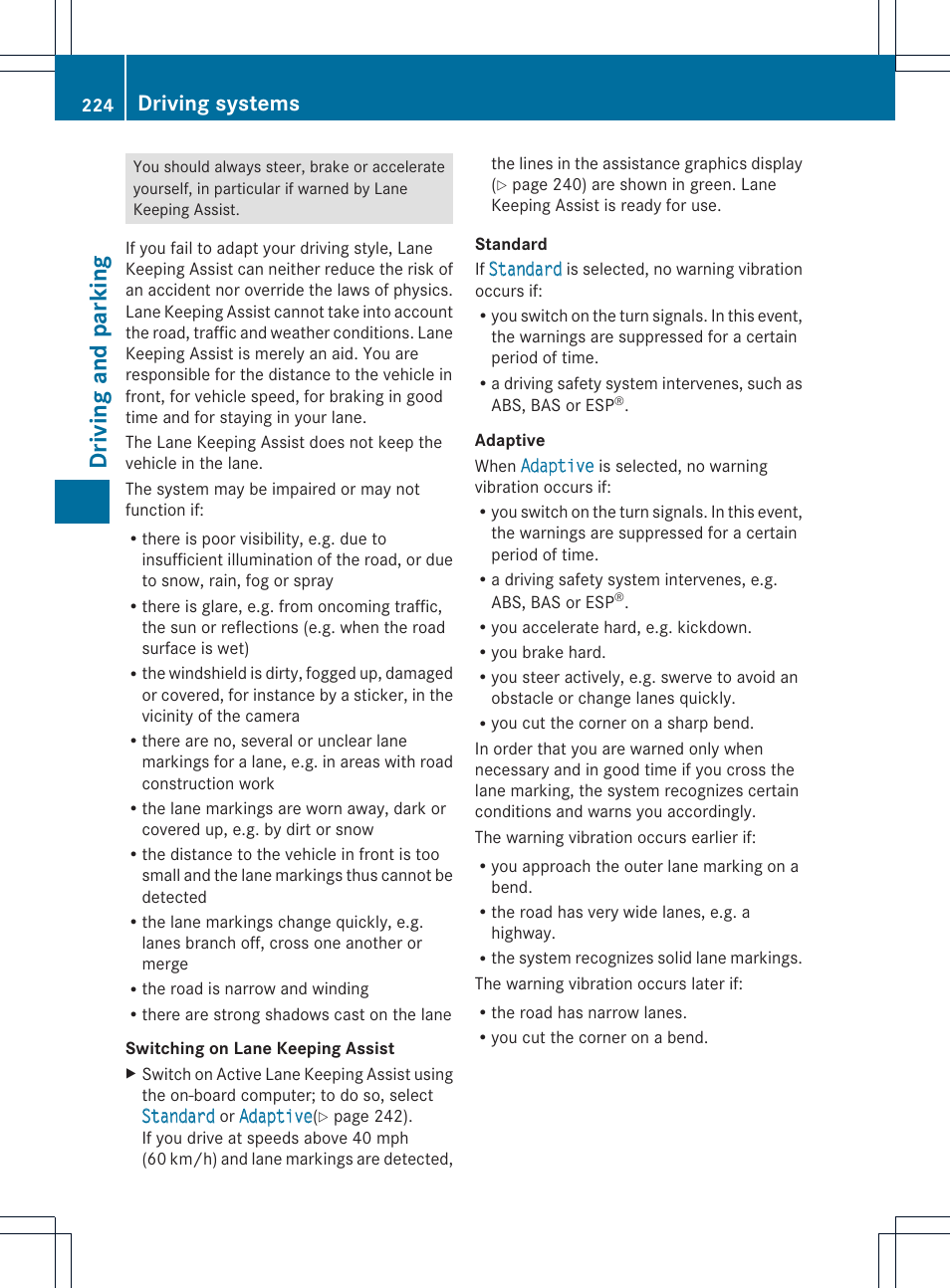 Driving and parking, Driving systems | Mercedes-Benz E-Cab 2014 Owners Manual User Manual | Page 226 / 394