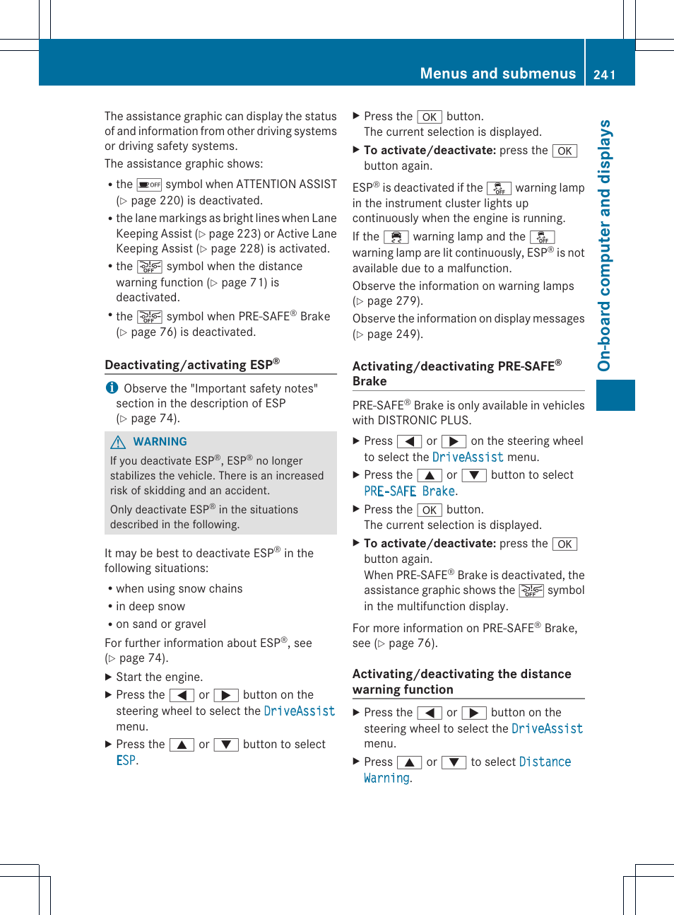 On-board computer and displays, Menus and submenus | Mercedes-Benz E-Cab 2014 Owners Manual User Manual | Page 243 / 394