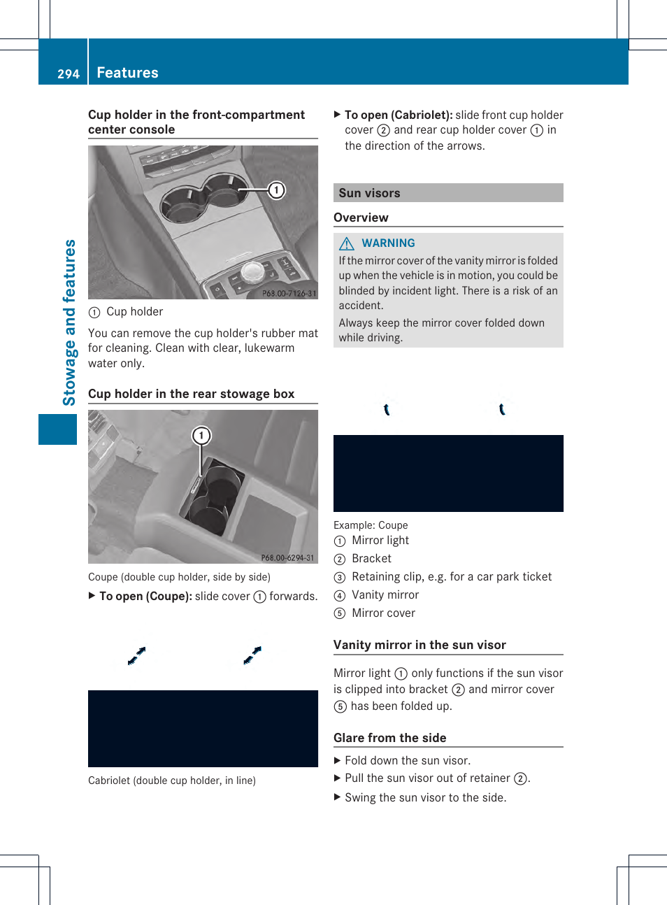 Stowage and features, Features | Mercedes-Benz E-Cab 2014 Owners Manual User Manual | Page 296 / 394