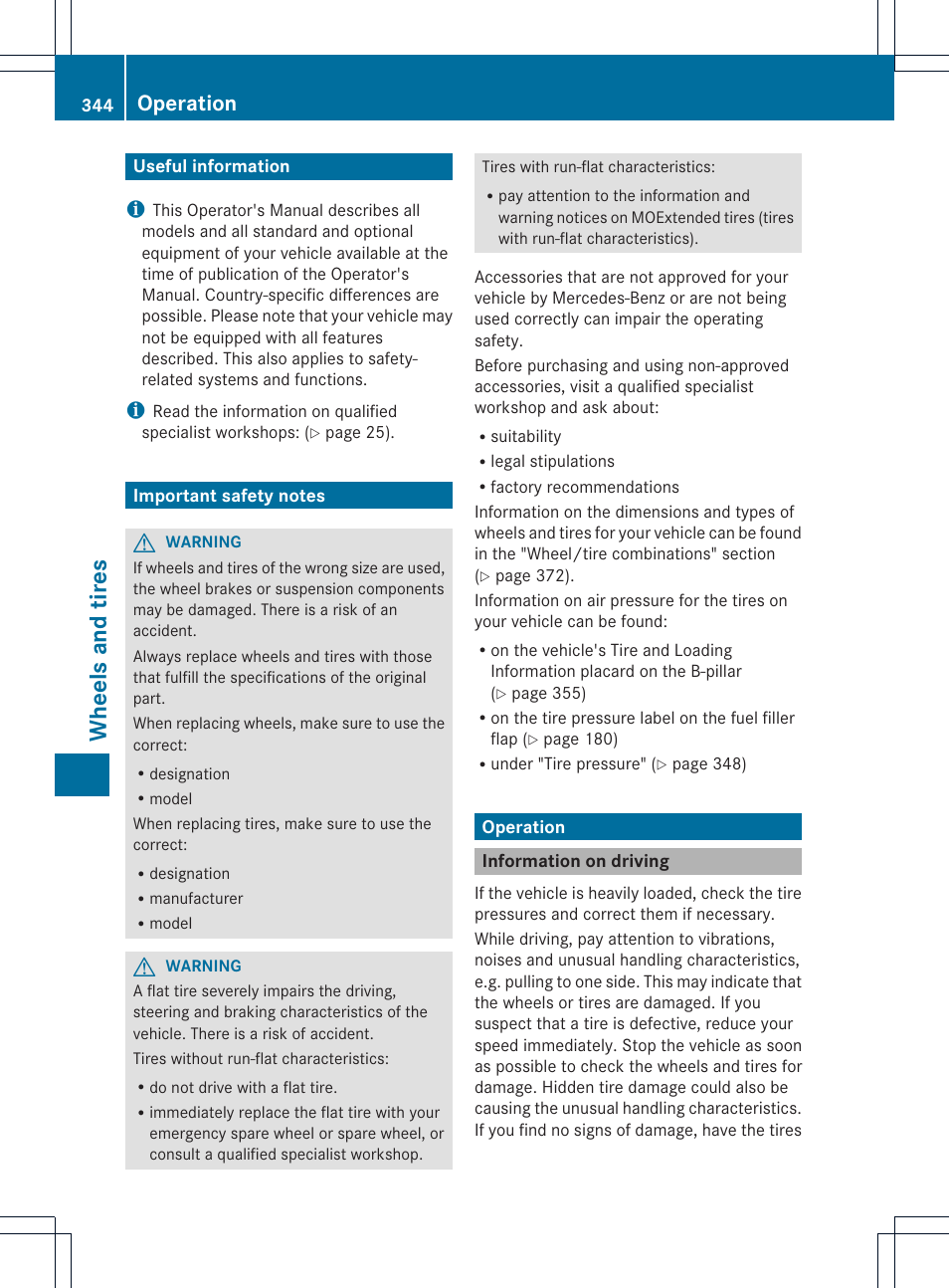 Wheels and tires, Operation | Mercedes-Benz E-Cab 2014 Owners Manual User Manual | Page 346 / 394