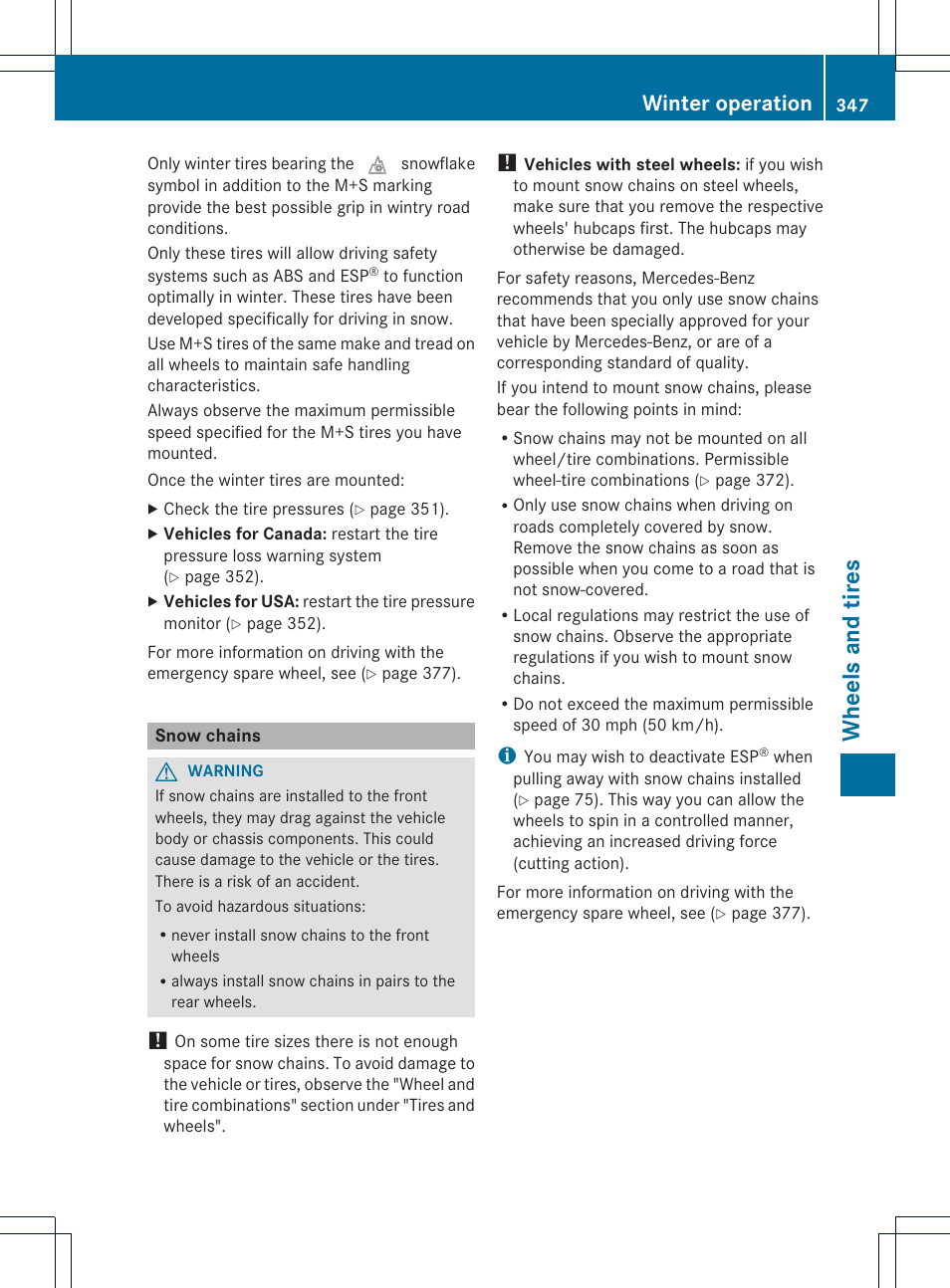 Wheels and tires, Winter operation | Mercedes-Benz E-Cab 2014 Owners Manual User Manual | Page 349 / 394