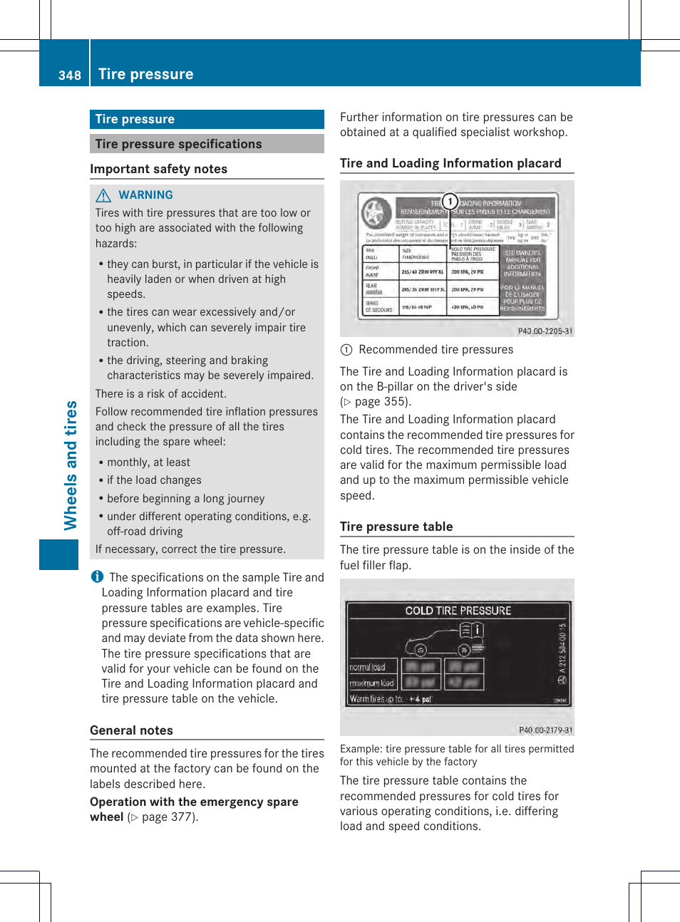 Wheels and tires, Tire pressure | Mercedes-Benz E-Cab 2014 Owners Manual User Manual | Page 350 / 394