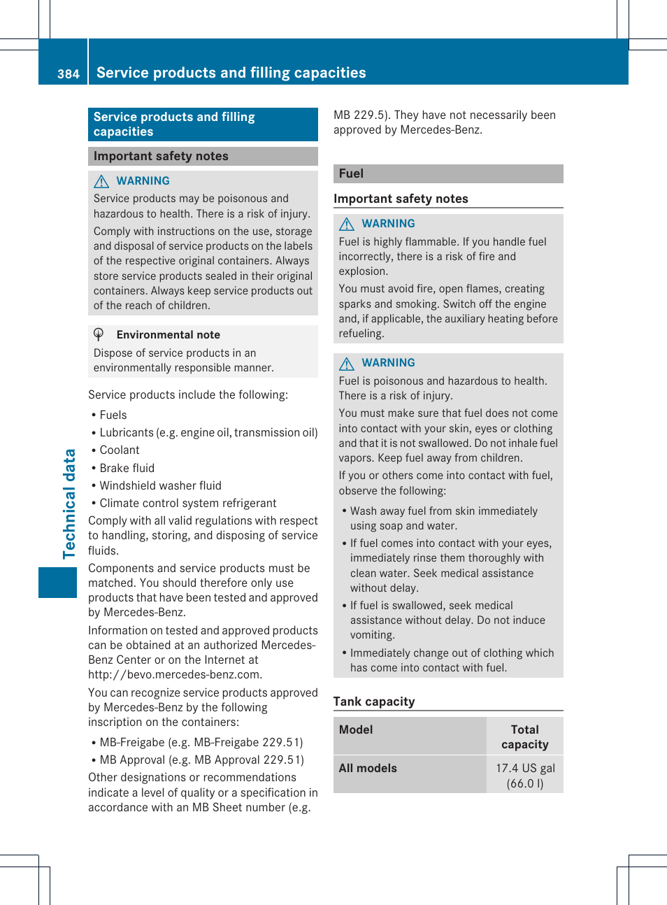 Technical data, Service products and filling capacities | Mercedes-Benz E-Cab 2014 Owners Manual User Manual | Page 386 / 394