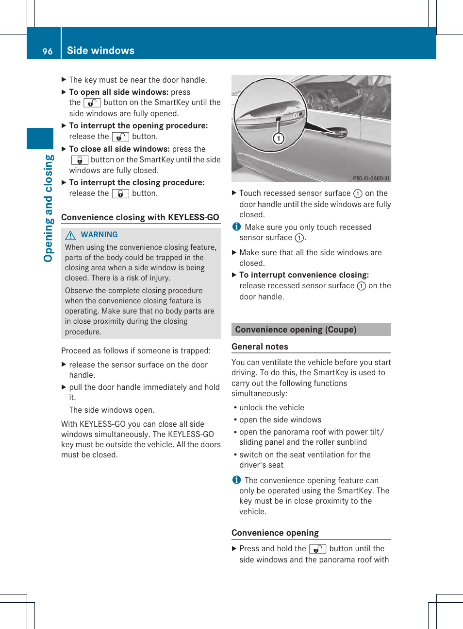 Opening and closing, Side windows | Mercedes-Benz E-Cab 2014 Owners Manual User Manual | Page 98 / 394