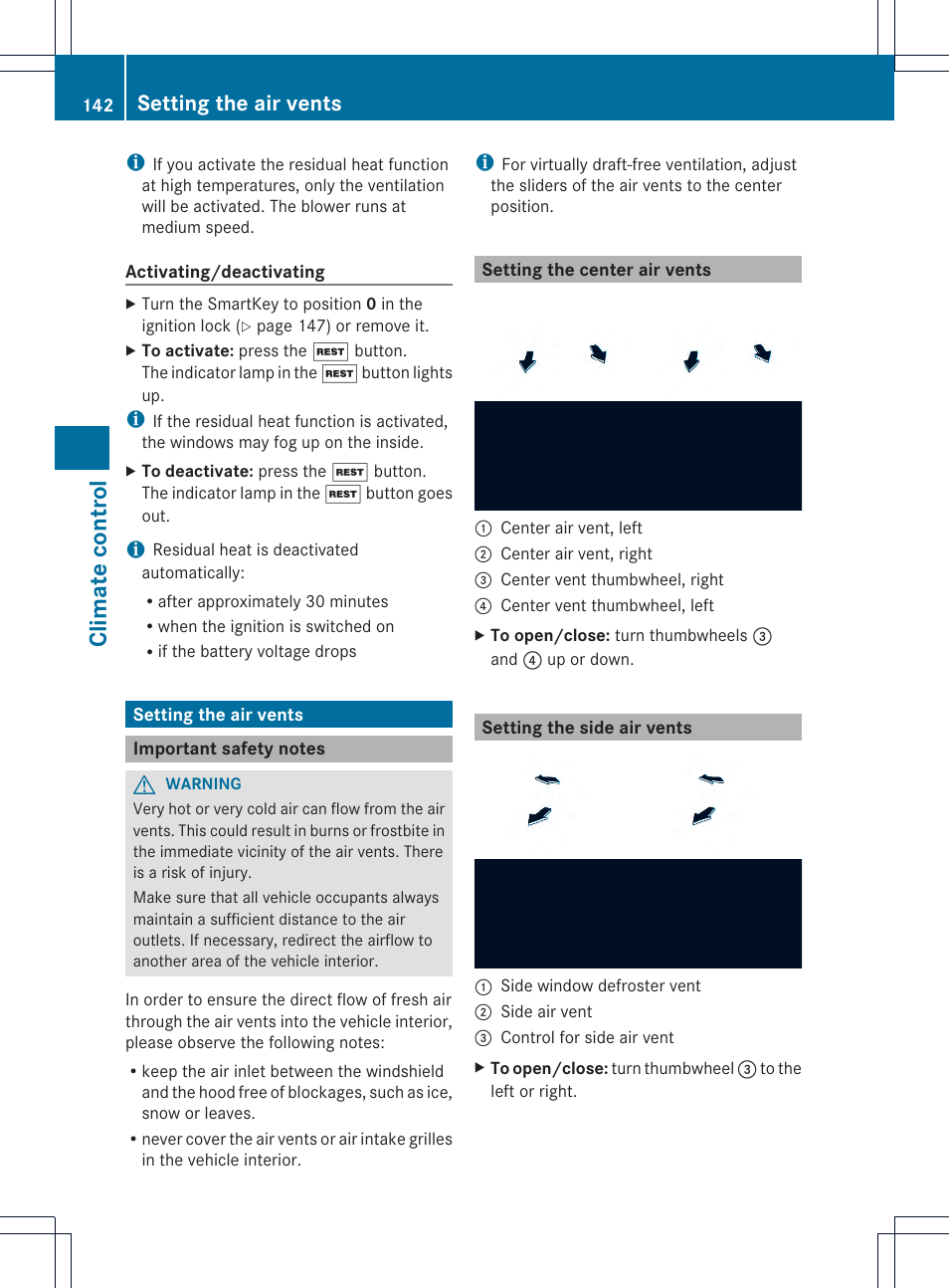 Climate control, Setting the air vents | Mercedes-Benz C-Sedan 2014 Owners Manual User Manual | Page 144 / 362
